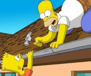 пазл Барт висел с крыши, когда он помогал отцу ремонта Гомера